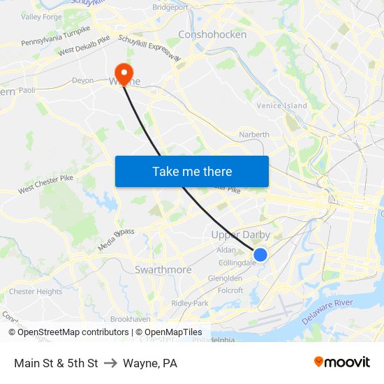 Main St & 5th St to Wayne, PA map