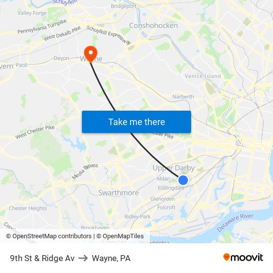 9th St & Ridge Av to Wayne, PA map