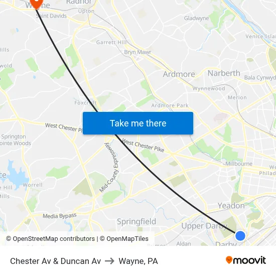 Chester Av & Duncan Av to Wayne, PA map