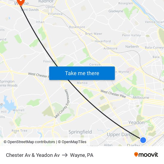 Chester Av & Yeadon Av to Wayne, PA map