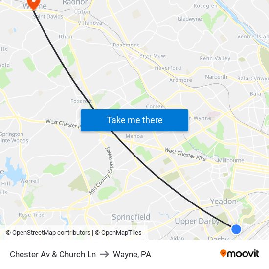 Chester Av & Church Ln to Wayne, PA map