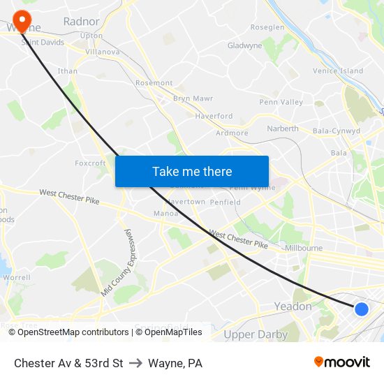Chester Av & 53rd St to Wayne, PA map