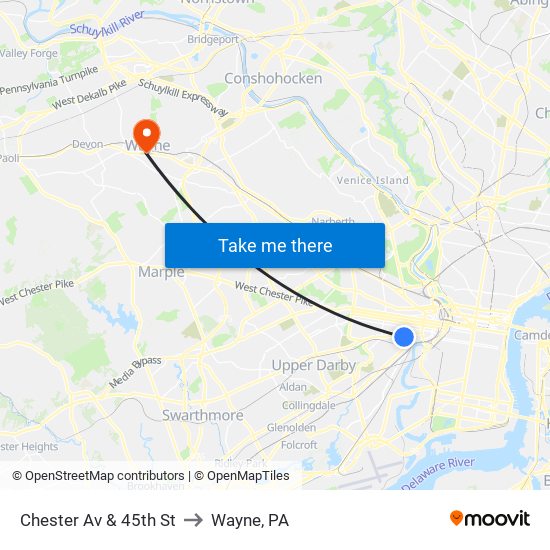 Chester Av & 45th St to Wayne, PA map