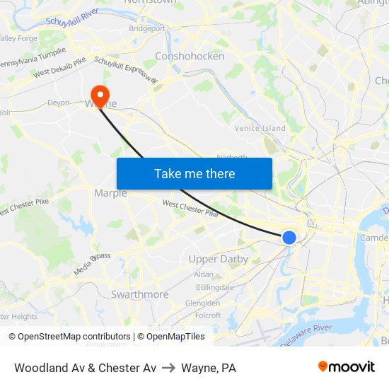 Woodland Av & Chester Av to Wayne, PA map