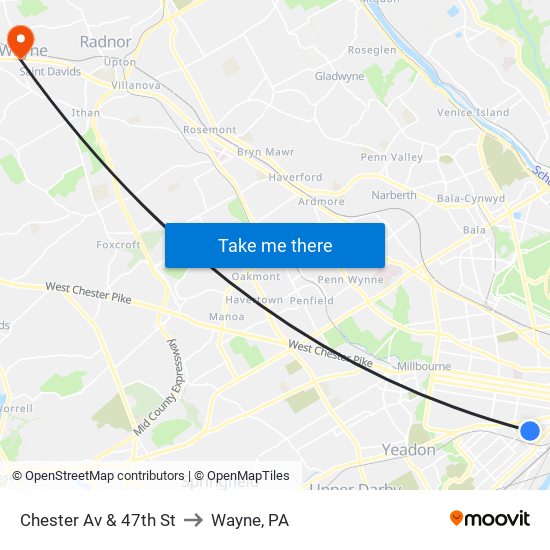 Chester Av & 47th St to Wayne, PA map