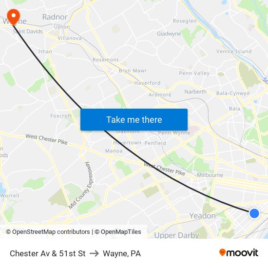Chester Av & 51st St to Wayne, PA map