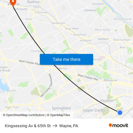 Kingsessing Av & 65th St to Wayne, PA map