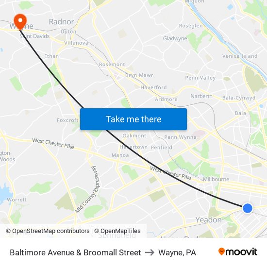 Baltimore Avenue & Broomall Street to Wayne, PA map