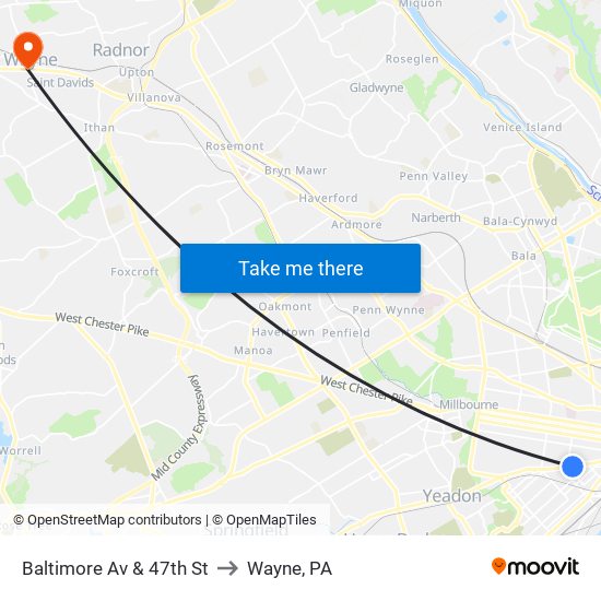 Baltimore Av & 47th St to Wayne, PA map