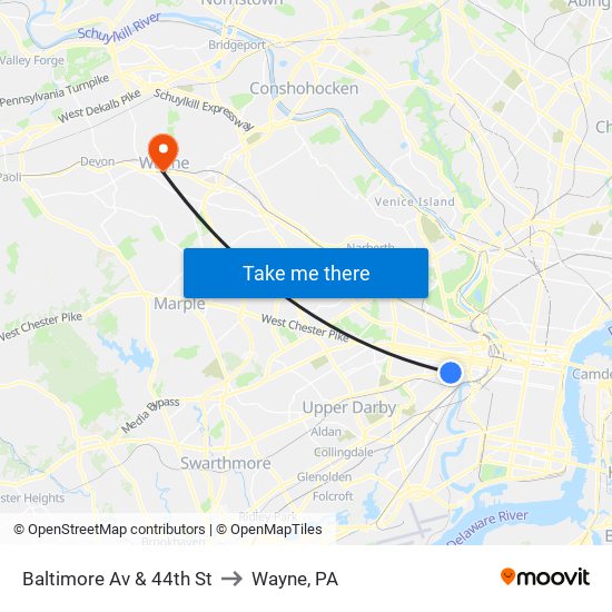 Baltimore Av & 44th St to Wayne, PA map