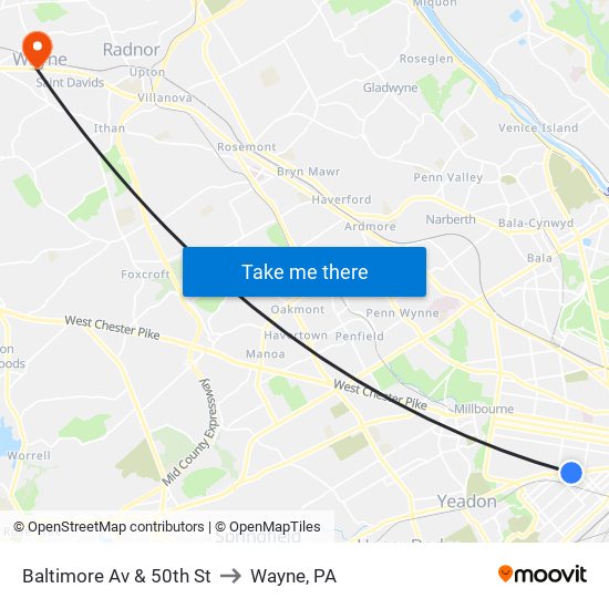 Baltimore Av & 50th St to Wayne, PA map