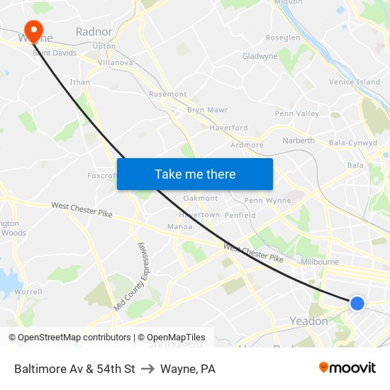 Baltimore Av & 54th St to Wayne, PA map