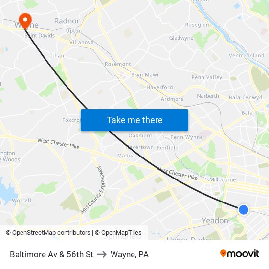 Baltimore Av & 56th St to Wayne, PA map