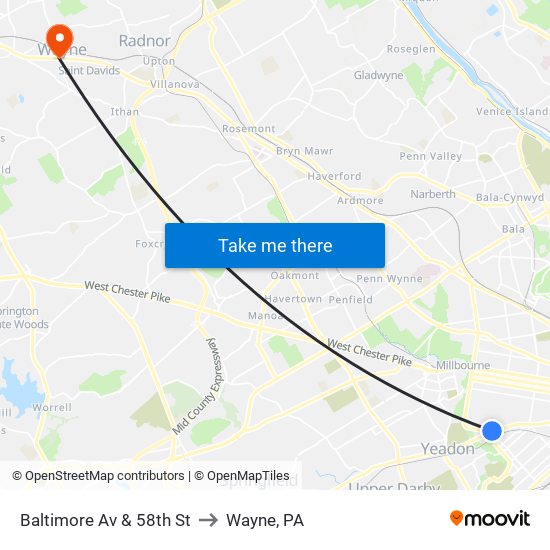 Baltimore Av & 58th St to Wayne, PA map