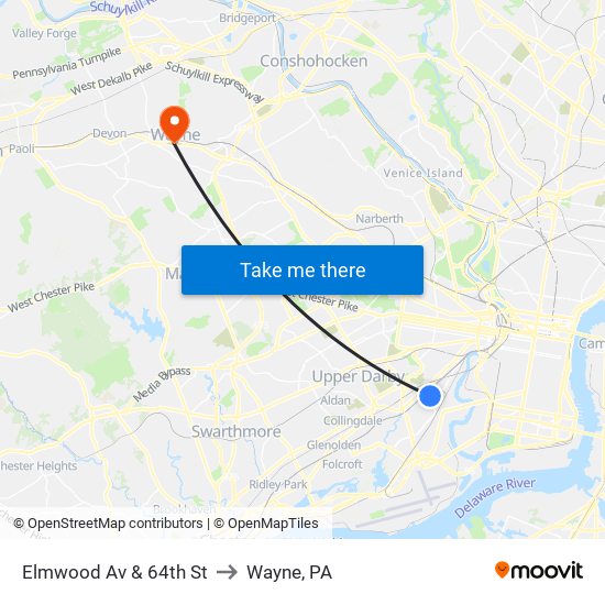 Elmwood Av & 64th St to Wayne, PA map