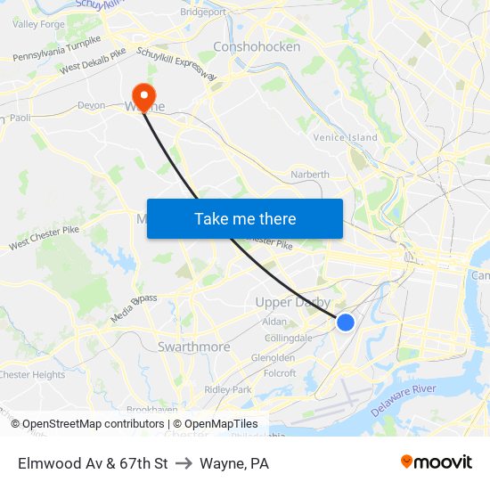 Elmwood Av & 67th St to Wayne, PA map