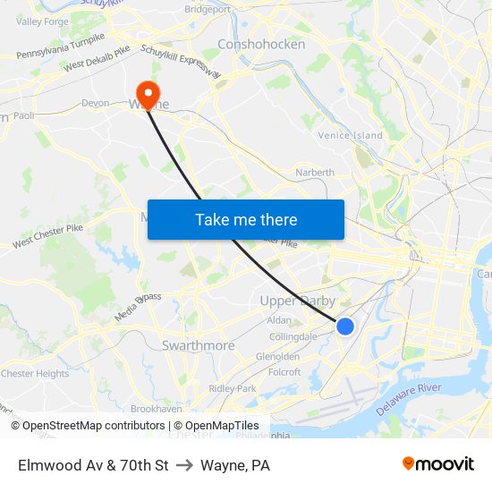 Elmwood Av & 70th St to Wayne, PA map