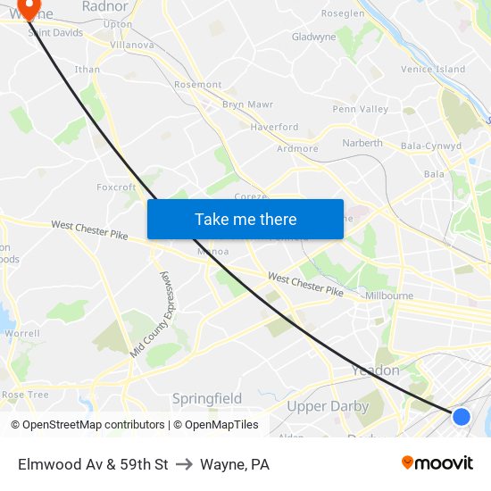 Elmwood Av & 59th St to Wayne, PA map