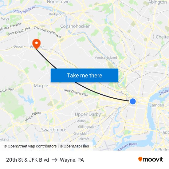 20th St & JFK Blvd to Wayne, PA map
