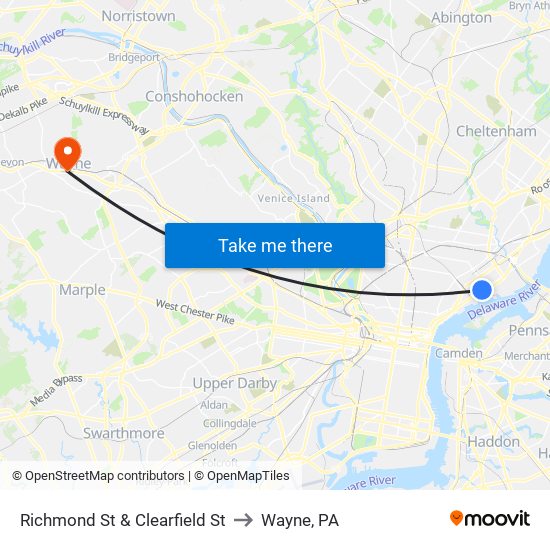 Richmond St & Clearfield St to Wayne, PA map