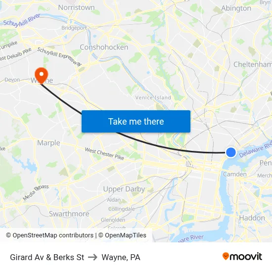 Girard Av & Berks St to Wayne, PA map