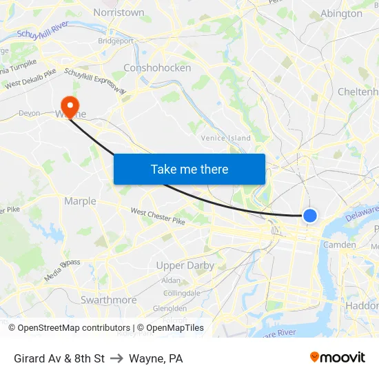Girard Av & 8th St to Wayne, PA map