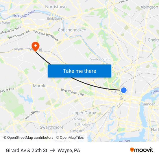 Girard Av & 26th St to Wayne, PA map