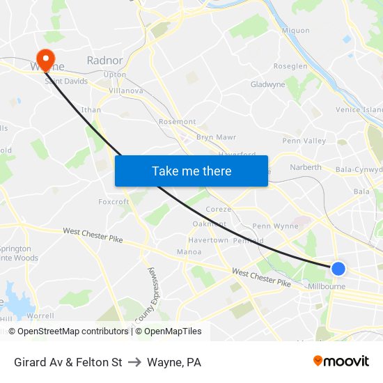 Girard Av & Felton St to Wayne, PA map