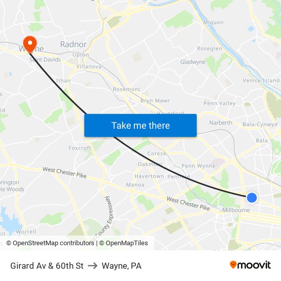 Girard Av & 60th St to Wayne, PA map