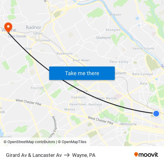 Girard Av & Lancaster Av to Wayne, PA map