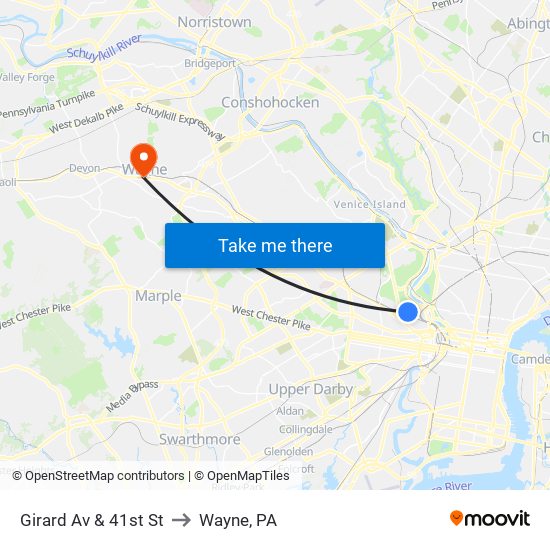 Girard Av & 41st St to Wayne, PA map