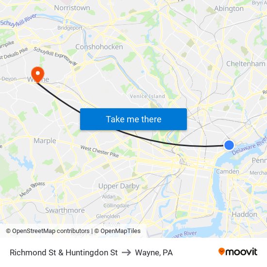 Richmond St & Huntingdon St to Wayne, PA map