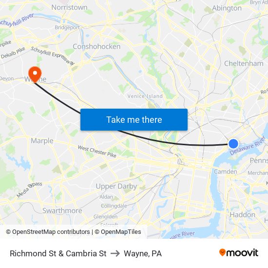 Richmond St & Cambria St to Wayne, PA map