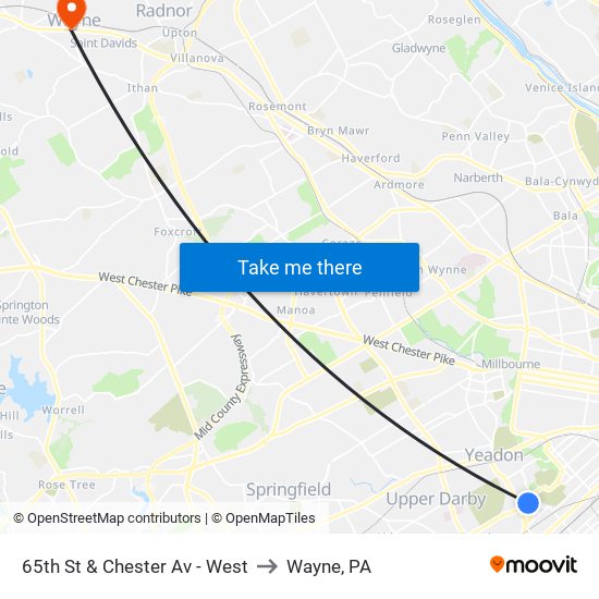 65th St & Chester Av - West to Wayne, PA map