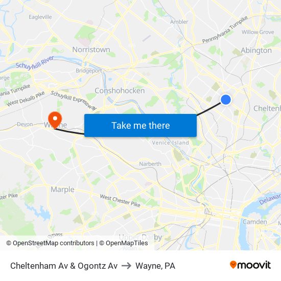 Cheltenham Av & Ogontz Av to Wayne, PA map