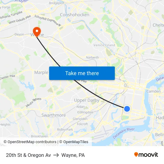 20th St & Oregon Av to Wayne, PA map
