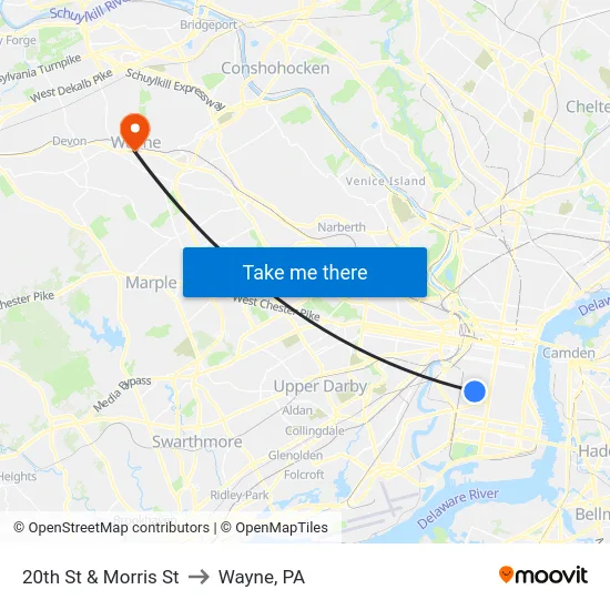 20th St & Morris St to Wayne, PA map