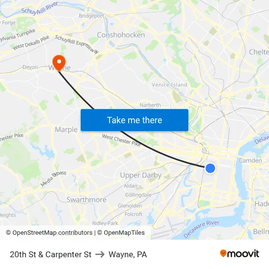 20th St & Carpenter St to Wayne, PA map