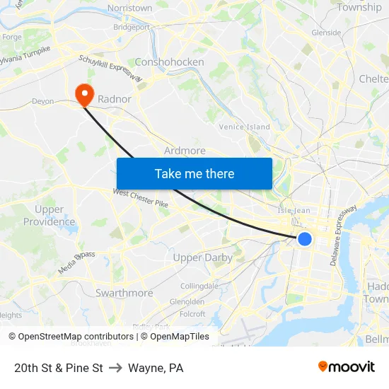 20th St & Pine St to Wayne, PA map