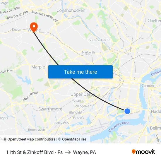 11th St & Zinkoff Blvd - Fs to Wayne, PA map