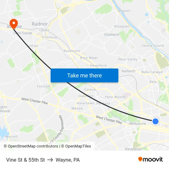 Vine St & 55th St to Wayne, PA map