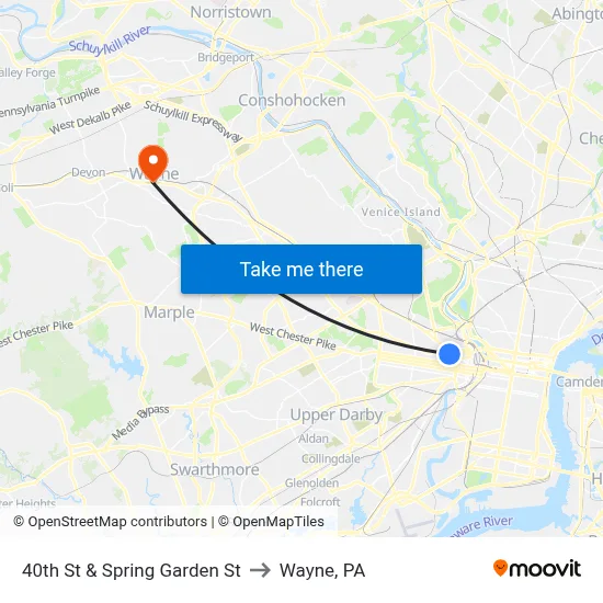 40th St & Spring Garden St to Wayne, PA map