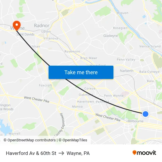 Haverford Av & 60th St to Wayne, PA map