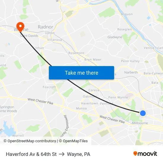 Haverford Av & 64th St to Wayne, PA map