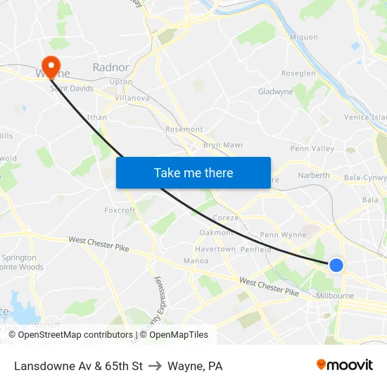 Lansdowne Av & 65th St to Wayne, PA map