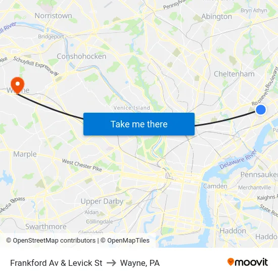 Frankford Av & Levick St to Wayne, PA map