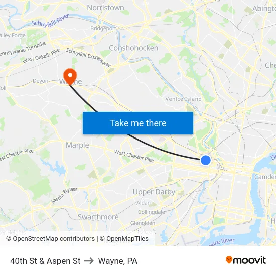 40th St & Aspen St to Wayne, PA map