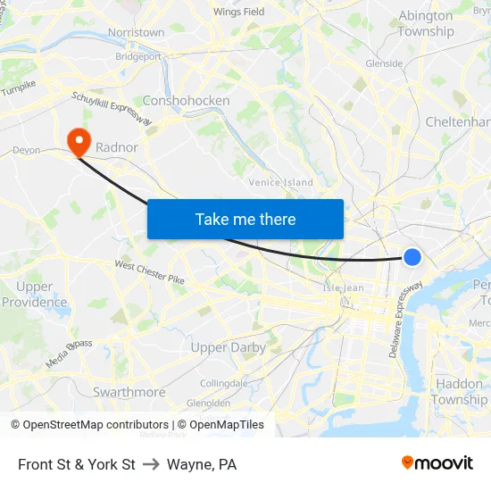 Front St & York St to Wayne, PA map