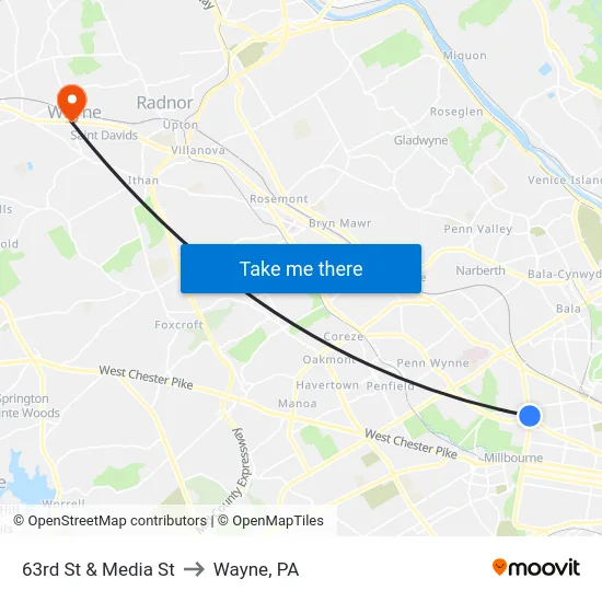 63rd St & Media St to Wayne, PA map