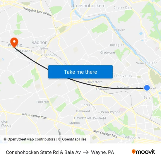 Conshohocken State Rd & Bala Av to Wayne, PA map